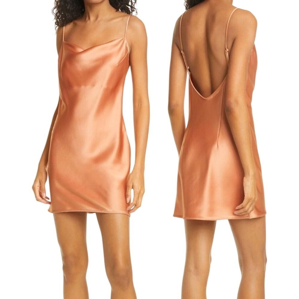 Nanushka Lotti Womens Sleeveless Open Back Satin Mini Slip Dress Apricot sz L